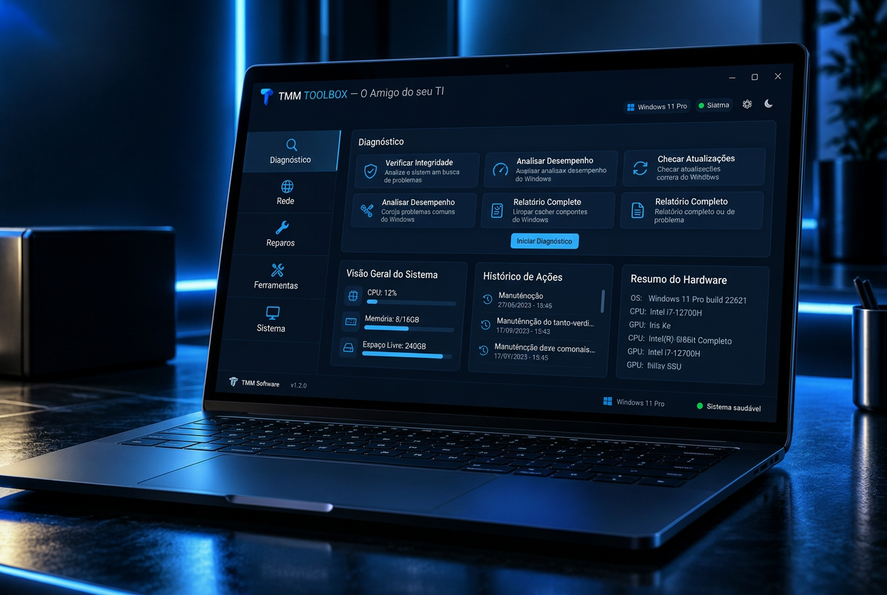 TMM Toolbox aberto em um notebook, com módulos de diagnóstico, rede, reparos, ferramentas e sistema